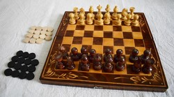 Old chess and checker board set, wood, size: 32 x 32 cm game