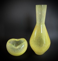 Karcag-berekfürdői sárga fátyolüveg váza hamutál kínáló asztalközép