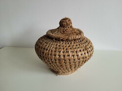 Régi nagy népi fonott fedeles gyékény kosár vintage kas 32 cm dekoráció