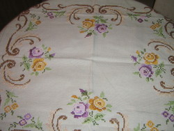 Beautiful vintage rose hand-embroidered cross-stitch tablecloth