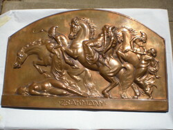 Women, horses, warriors mythological scene. , Bronze relief.