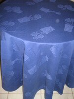 Beautiful vintage floral blue oval woven damask tablecloth