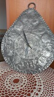 Old large pewter drop tin quartz wall clock with Roman and Arabic numerals, beautiful handwork