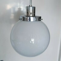 Bauhaus - Art deco krómozott mennyezeti lámpa felújítva - tejüveg gömb búra
