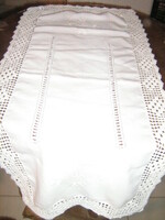 Beautiful azure embroidered crocheted white tablecloth runner with lace edge