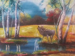 Painting: deer by the lake 77*63 cm with frame