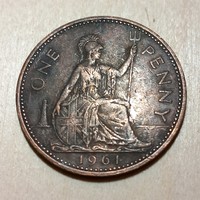 1961 Year ii. Bronze 1 pence coin with Elizabeth's portrait, with a nice patina...