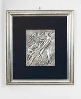 Plastic scene covered with silver plate in a silver frame
