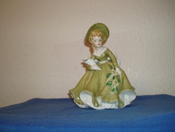 Antique-vintage-continental-floral lady in green dress painted-porcelain