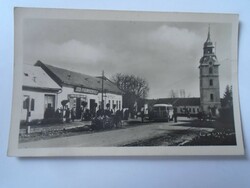 D195296 old postcard Szécsény - Szécsény farmers' cooperative - bus stop church 1950's