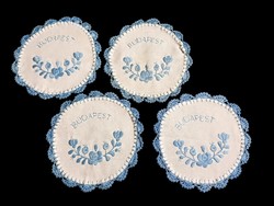 4 tablecloths embroidered with the Kalocsai-Matyó pattern with a crocheted edge with the inscription Budapest 15 cm new