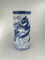Antik régi kínai kék fehér kézzel festett sárkányos hatalmas váza kefetartó Kína