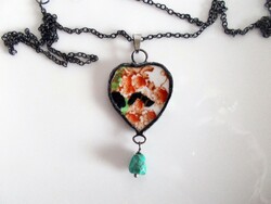 Antique porcelain necklace with turquoise, handmade