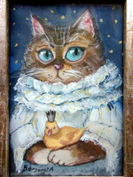Cica úrihölgy kacsával kariatúra akvarell festmény