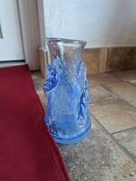 Kék 15 cm magas repesztett Fátyolüveg fátyol karcagi berekfürdői üveg  váza Gyűjtői
