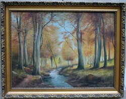 Antik festmény : Őszi erdő szarvassal. Olaj,vászon .