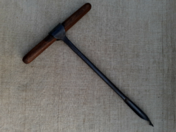 Old wrought iron carpentry hand drill with master mark 18 with wooden handle