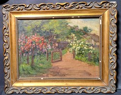 Gimzer Etel (1876-1919): Virágos kert - olajfestmény - női festő, a XX. század eleje