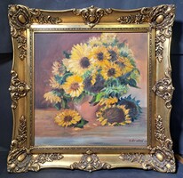 László Szőcs: sunflowers - oil painting in a beautiful frame - still life - Transylvanian artist