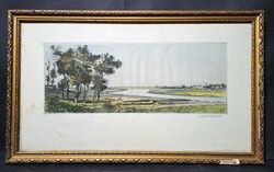 István Zádor: lowland landscape with a boom well - marked, colored etching