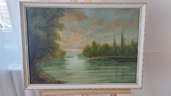(K) Károly buka landscape painting with river 68x49 cm with frame