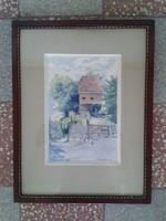 Watercolor framed 41x32cm depicting a 1917 Bauhaus house with a German sign