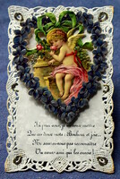 Antik Újévi  csipke képeslap képsíkból kiemelhető dombornyomott litho ibolyaszívben angyalka