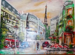 "Nyári eső  Párizsban"festmény farostlemezen 40 x 54 cm