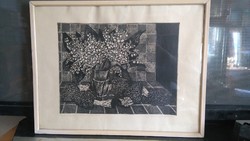 Retro imre istván (1918-1983) etching with pearl flower still life 55x43cm