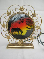 Equestrian painted glass lamp with metal frame