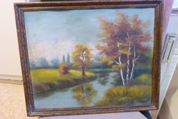 Olaj-karton technikával készült festmény / Őszi táj címmel, ismeretlen festő munkája.