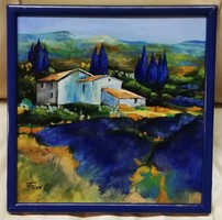 Contemporary oil painting - blue countryside (cm. 31 X 31.5 Cm, in original frame)