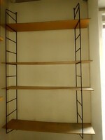 Old retro metal frame wall ladder shelf, 5 plywood shelves with boards