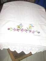 Beautiful vintage embroidered towel with crochet edge