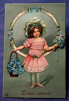 Antique embossed mechanical postcard of a little girl with a forget-me-not bouquet, her hand can be moved. Back side missing