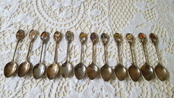 12 silver-plated mocha and decorative spoons decorated with enamel flowers.