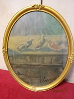 Oval picture frame, print with three birds, signed. Jokai.