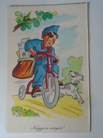 D195359 old postcard - 1957 very urgent! - Postman bicycle dog cat