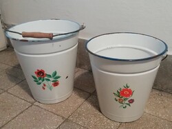 Bonyhádi enameled flower pattern bucket, pail, 2 pcs