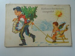 D195338 old postcard - Christmas - 1940k folk costume angel sleigh