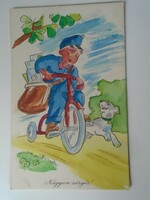 D195356 old postcard - 1957 very urgent! - Postman bicycle dog cat