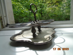 Antique chunky solid column cup holder with alpaca tray, forged iron tongs, in mint condition