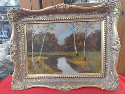 Oil cardboard, forest landscape painting in blonde frame.