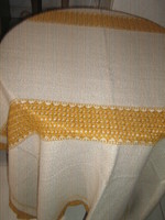 Beautiful Antique Beige Mustard Yellow Crochet Lace Decorated Crochet Edge Woven Tablecloth