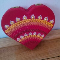 New! Red heart-shaped box / jewelry holder with mirror, mandala decoration 15x15cm, hand painted