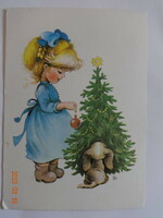 Régi grafikus karácsonyi üdvözlő képeslap - Füzesi Zsuzsa rajz