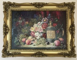 Madarász László olaj festménye Gyümölcsök virágokkal csendélet