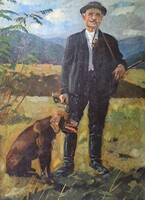 János Viski (1891-1987): hunter and his dog, 1921 (oil painting)