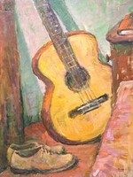Almár György (1895 - 1974): Csendélet gitárral és egy pár cipővel, 1959 - olajfestmény