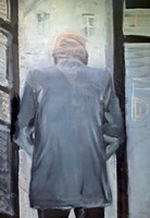 Tóth Rudolf - Férfi az ajtóban (olajfestmény vászonra) kortárs, modern festőművész